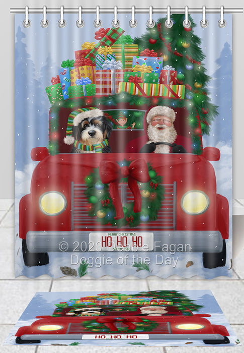 Christmas Honk Honk Red Truck Here Comes with Santa and Bernedoodle Dog Bath Mat and Shower Curtain Combo
