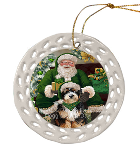 Christmas Irish Santa with Gift and Bernedoodle Dog Doily Ornament DPOR59465