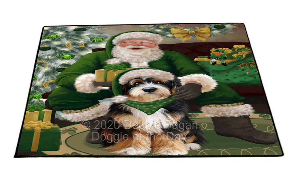 Christmas Irish Santa with Gift and Bernedoodle Dog Indoor/Outdoor Welcome Floormat - Premium Quality Washable Anti-Slip Doormat Rug FLMS57082