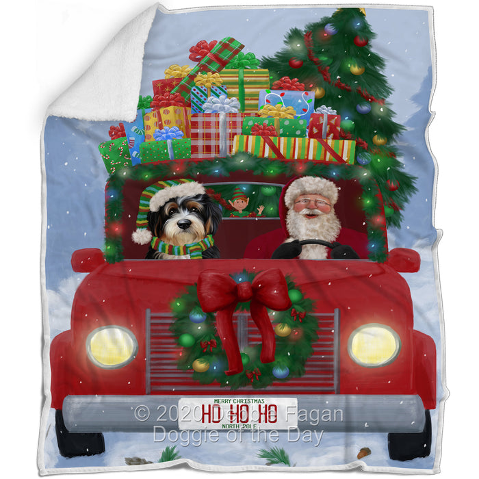 Christmas Honk Honk Red Truck Here Comes with Santa and Bernedoodle Dog Blanket BLNKT140733