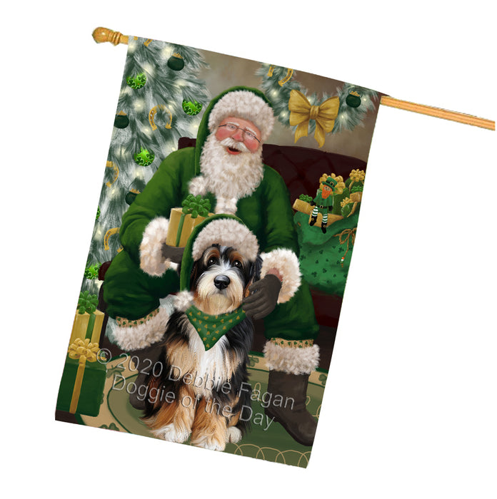 Christmas Irish Santa with Gift and Bernedoodle Dog House Flag FLG66675