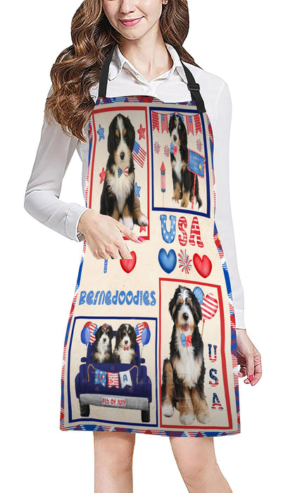 4th of July Independence Day I Love USA Bernedoodle Dogs Apron - Adjustable Long Neck Bib for Adults - Waterproof Polyester Fabric With 2 Pockets - Chef Apron for Cooking, Dish Washing, Gardening, and Pet Grooming