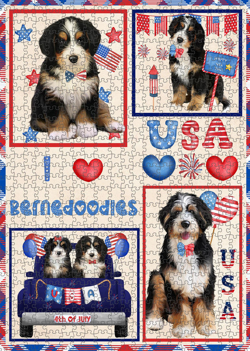 4th of July Independence Day I Love USA Bernedoodle Dogs Portrait Jigsaw Puzzle for Adults Animal Interlocking Puzzle Game Unique Gift for Dog Lover's with Metal Tin Box