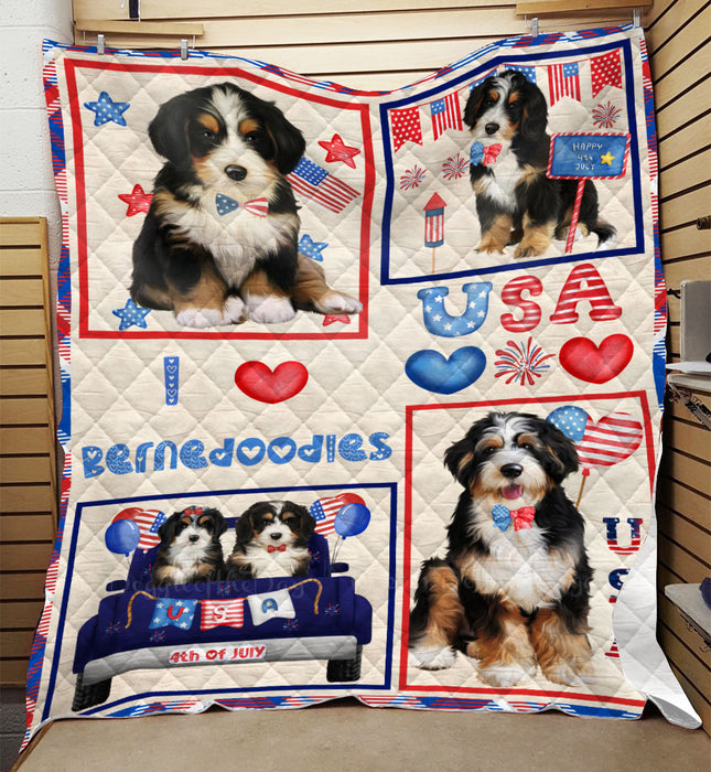 4th of July Independence Day I Love USA Bernedoodle Dogs Quilt Bed Coverlet Bedspread - Pets Comforter Unique One-side Animal Printing - Soft Lightweight Durable Washable Polyester Quilt