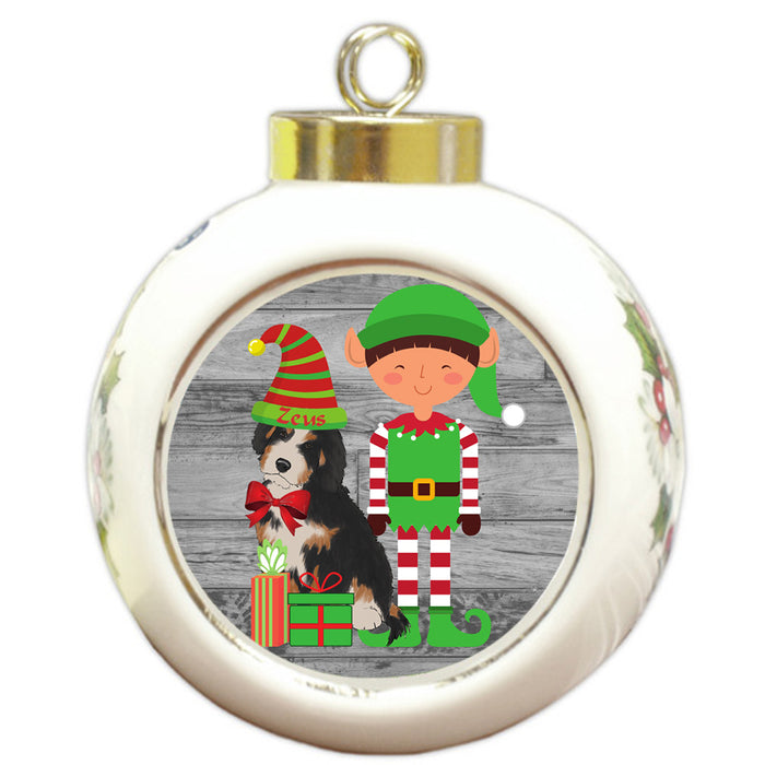 Custom Personalized Bernedoodle Dog Elfie and Presents Christmas Round Ball Ornament