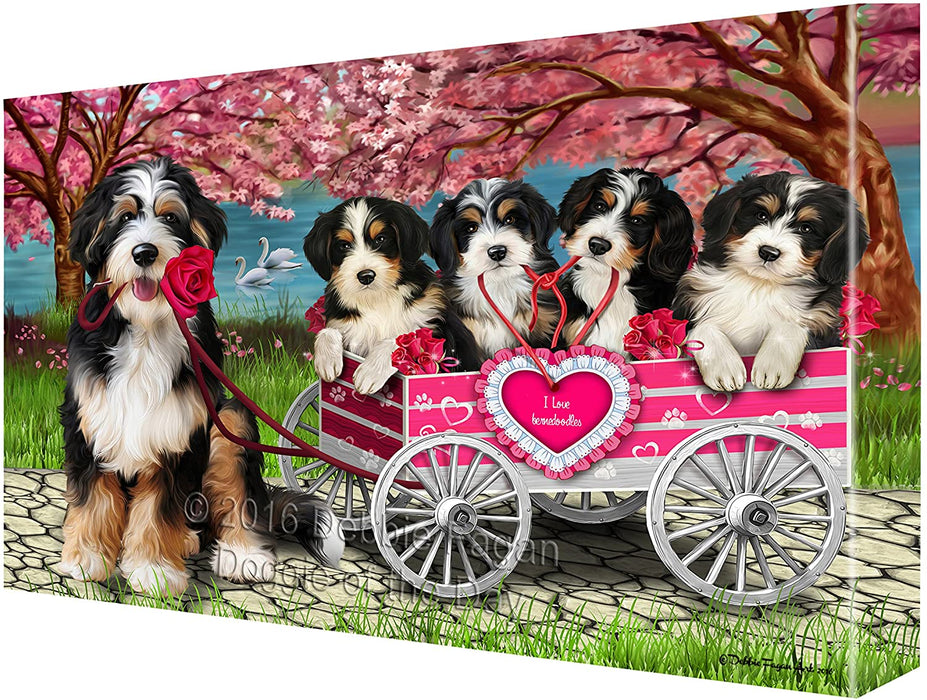 I Love Bernedoodle Dogs in a Cart Canvas Wall Art Signed