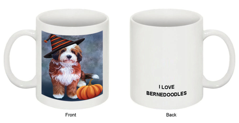 Happy Halloween Bernedoodle Dog Wearing Witch Hat with Pumpkin Coffee Mug MUG50262
