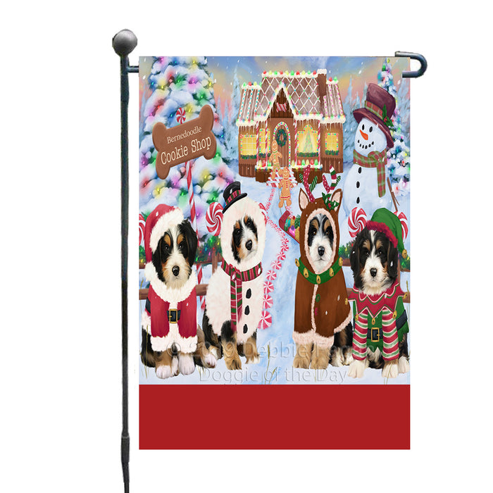 Personalized Holiday Gingerbread Cookie Shop Bernedoodle Dogs Custom Garden Flags GFLG-DOTD-A59179
