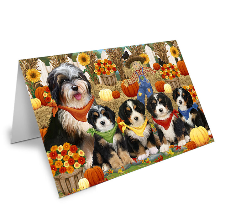 Fall Festive Gathering Bernedoodles Dog with Pumpkins Handmade Artwork Assorted Pets Greeting Cards and Note Cards with Envelopes for All Occasions and Holiday Seasons GCD56399