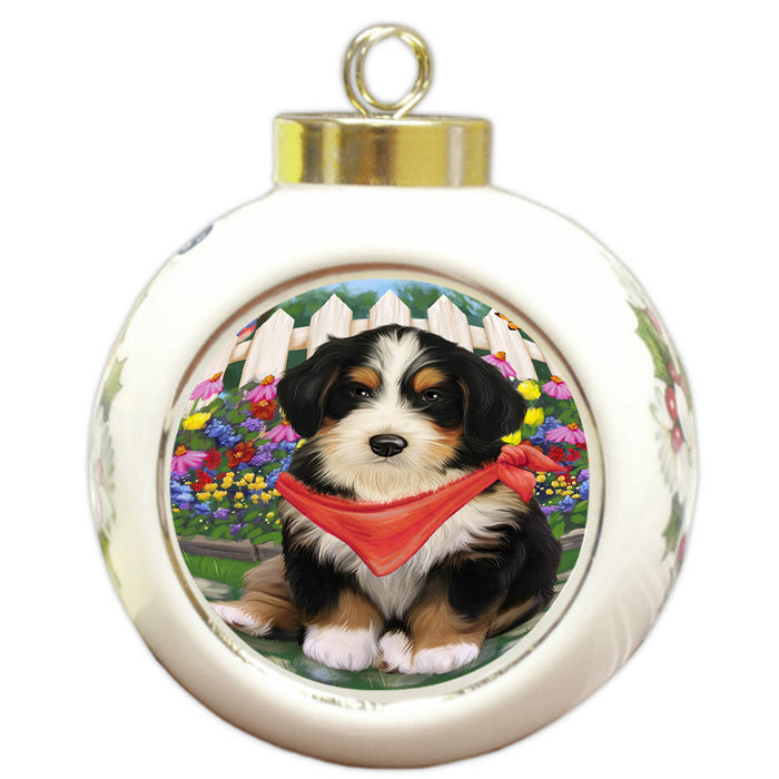 Spring Floral Bernedoodle Dog Round Ball Christmas Ornament RBPOR49788