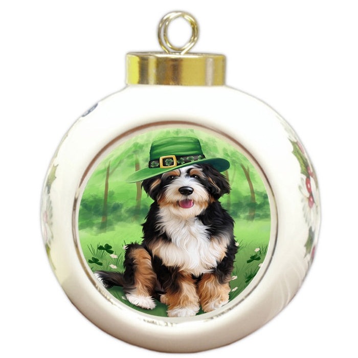 St. Patricks Day Irish Portrait Bernedoodle Dog Round Ball Christmas Ornament RBPOR49318