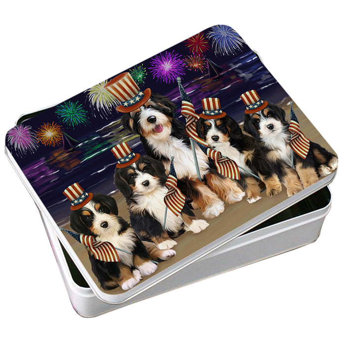 4th of July Independence Day Firework Bernedoodles Dog Photo Storage Tin PITN49600