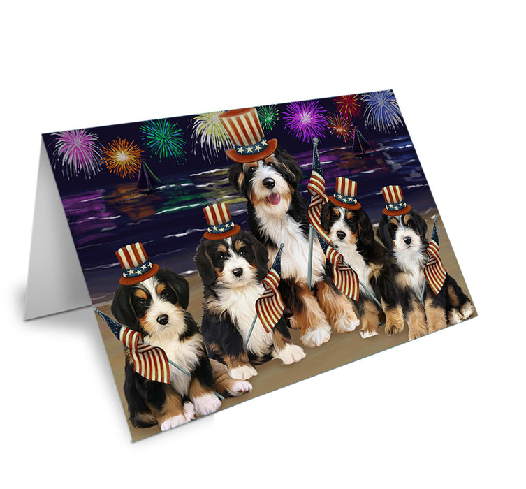 4th of July Independence Day Firework Bernedoodles Dog Handmade Artwork Assorted Pets Greeting Cards and Note Cards with Envelopes for All Occasions and Holiday Seasons GCD52829