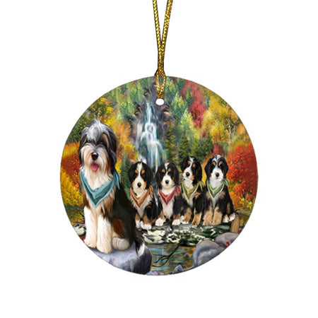 Scenic Waterfall Bernedoodles Dog Round Flat Christmas Ornament RFPOR49684