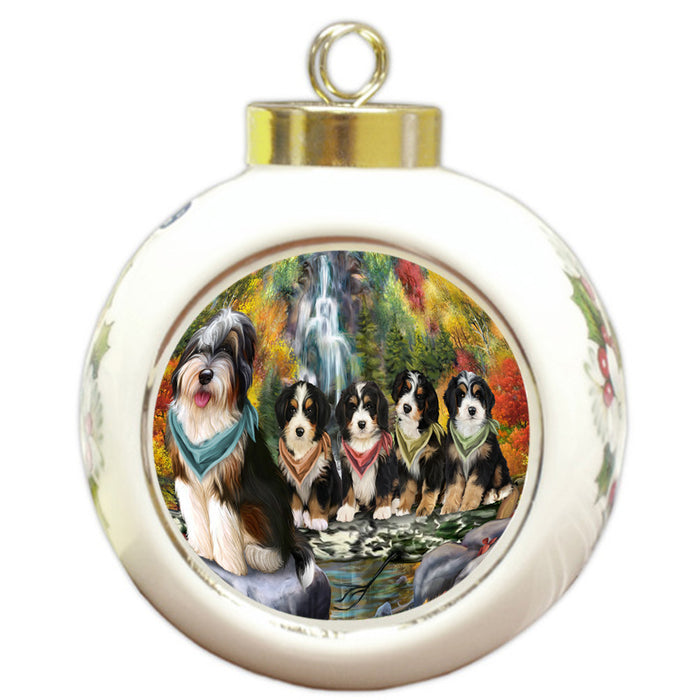 Scenic Waterfall Bernedoodles Dog Round Ball Christmas Ornament RBPOR49693