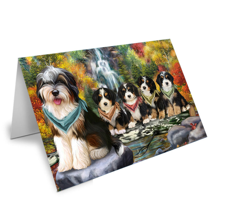 Scenic Waterfall Bernedoodles Dog Handmade Artwork Assorted Pets Greeting Cards and Note Cards with Envelopes for All Occasions and Holiday Seasons GCD53108