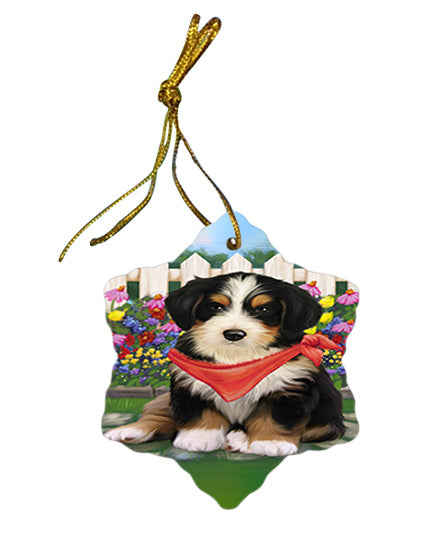 Spring Floral Bernedoodle Dog Star Porcelain Ornament SPOR49780