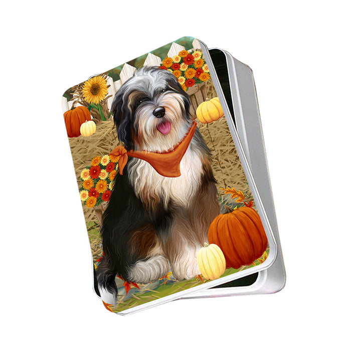 Fall Autumn Greeting Bernedoodle Dog with Pumpkins Photo Storage Tin PITN50815