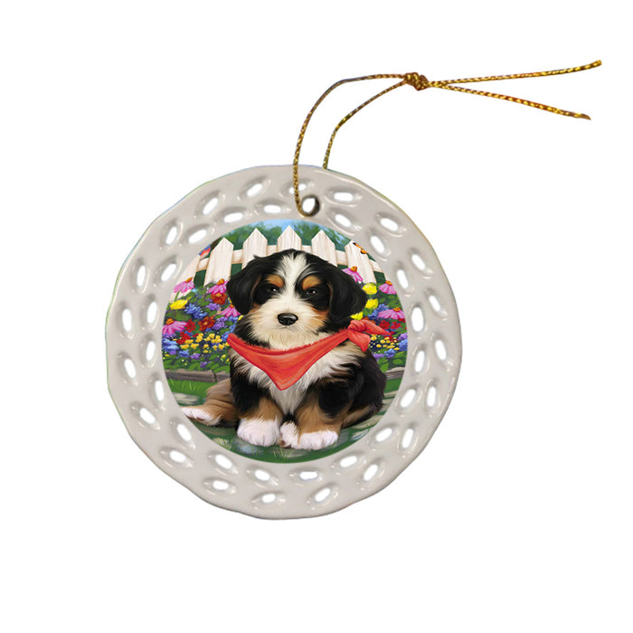 Spring Floral Bernedoodle Dog Ceramic Doily Ornament DPOR49788