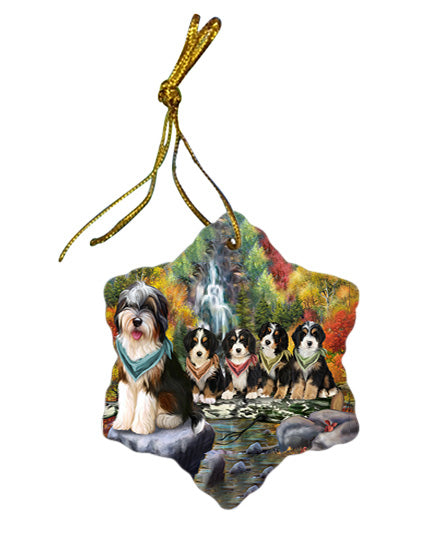 Scenic Waterfall Bernedoodles Dog Star Porcelain Ornament SPOR49685
