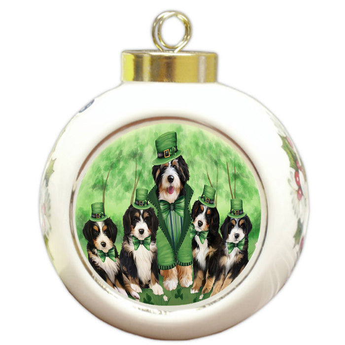 St. Patricks Day Irish Family Portrait Bernedoodles Dog Round Ball Christmas Ornament RBPOR49319