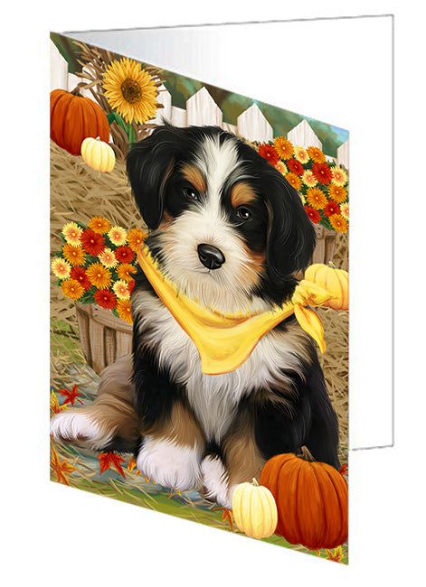 Fall Autumn Greeting Bernedoodle Dog with Pumpkins Handmade Artwork Assorted Pets Greeting Cards and Note Cards with Envelopes for All Occasions and Holiday Seasons GCD56477