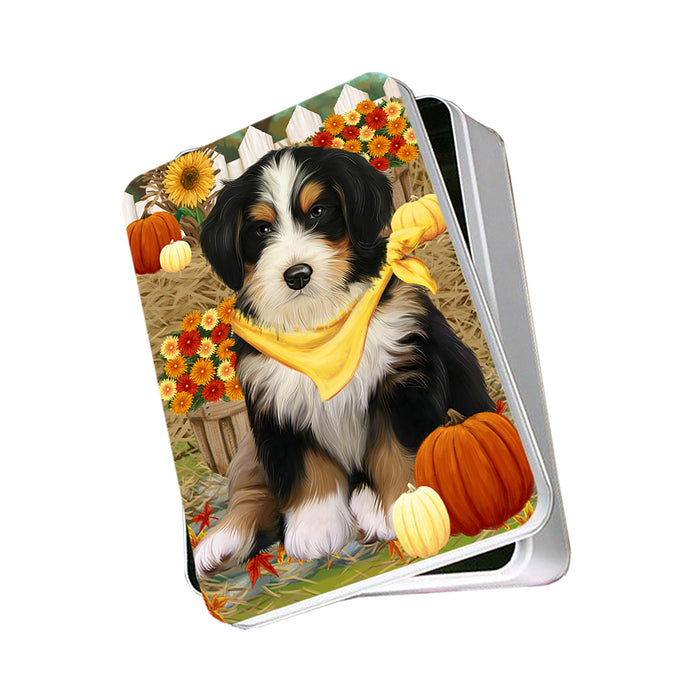 Fall Autumn Greeting Bernedoodle Dog with Pumpkins Photo Storage Tin PITN50816