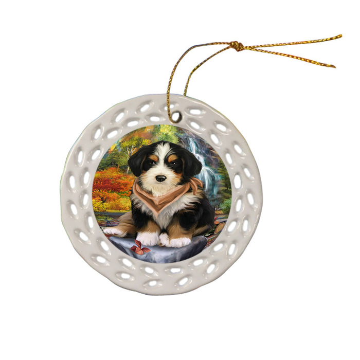 Scenic Waterfall Bernedoodle Dog Ceramic Doily Ornament DPOR49694