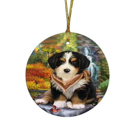 Scenic Waterfall Bernedoodle Dog Round Flat Christmas Ornament RFPOR49685