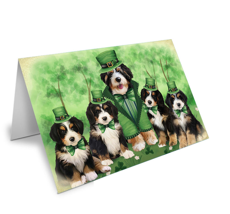 St. Patricks Day Irish Family Portrait Bernedoodles Dog Handmade Artwork Assorted Pets Greeting Cards and Note Cards with Envelopes for All Occasions and Holiday Seasons GCD51986