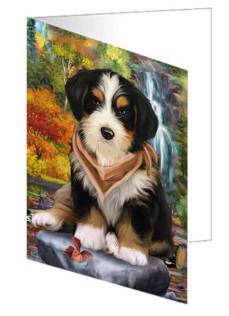 Scenic Waterfall Bernedoodle Dog Handmade Artwork Assorted Pets Greeting Cards and Note Cards with Envelopes for All Occasions and Holiday Seasons GCD53111