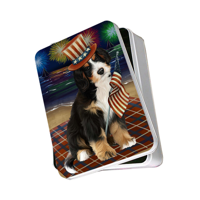 4th of July Independence Day Firework Bernedoodle Dog Photo Storage Tin PITN49601