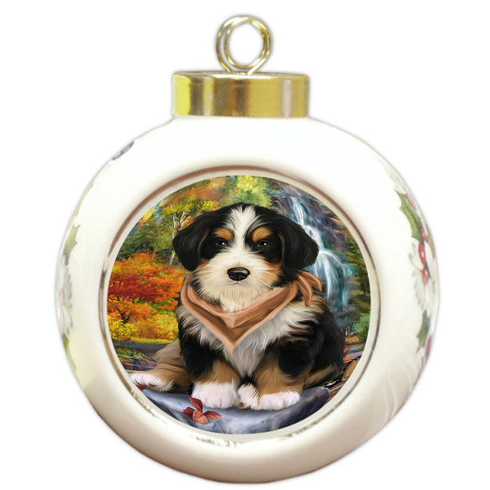 Scenic Waterfall Bernedoodle Dog Round Ball Christmas Ornament RBPOR49694