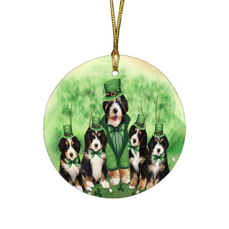 St. Patricks Day Irish Family Portrait Bernedoodles Dog Round Flat Christmas Ornament RFPOR49310