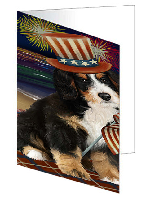 4th of July Independence Day Firework Bernedoodle Dog Handmade Artwork Assorted Pets Greeting Cards and Note Cards with Envelopes for All Occasions and Holiday Seasons GCD52832