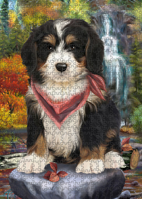 Scenic Waterfall Bernedoodle Dog Puzzle with Photo Tin PUZL52791