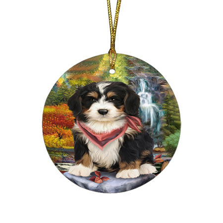 Scenic Waterfall Bernedoodle Dog Round Flat Christmas Ornament RFPOR49686