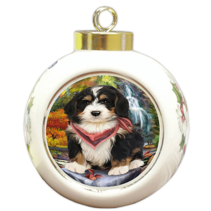 Scenic Waterfall Bernedoodle Dog Round Ball Christmas Ornament RBPOR49695