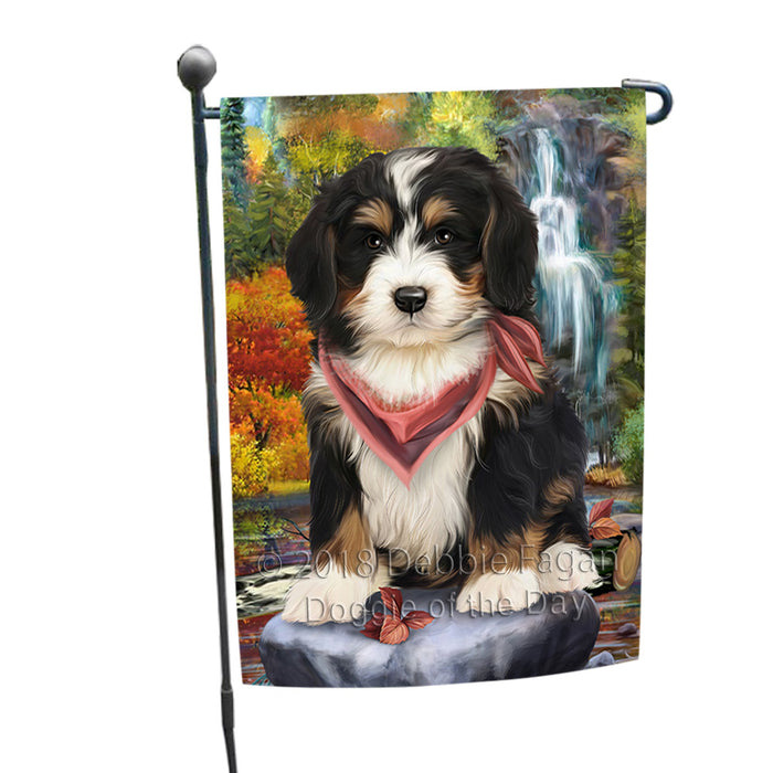 Scenic Waterfall Bernedoodle Dog Garden Flag GFLG49524