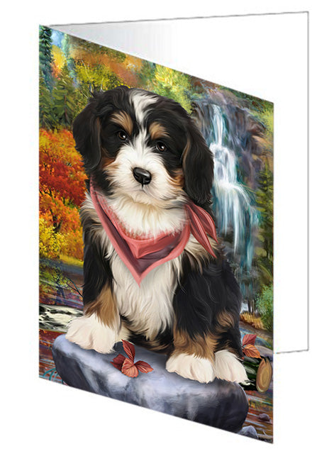 Scenic Waterfall Bernedoodle Dog Handmade Artwork Assorted Pets Greeting Cards and Note Cards with Envelopes for All Occasions and Holiday Seasons GCD53114