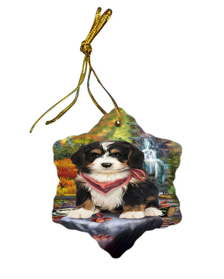 Scenic Waterfall Bernedoodle Dog Star Porcelain Ornament SPOR49687