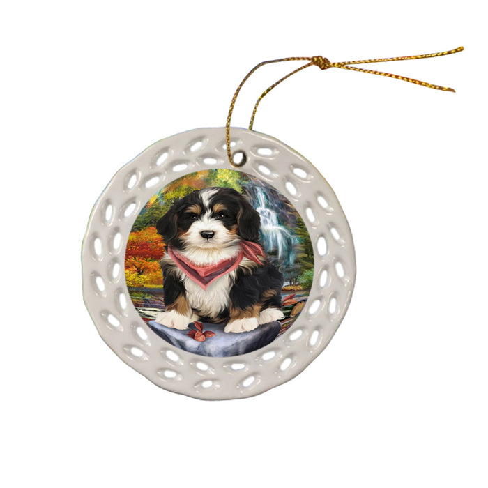 Scenic Waterfall Bernedoodle Dog Ceramic Doily Ornament DPOR49695