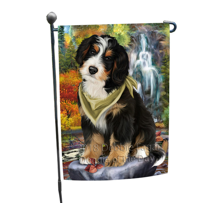 Scenic Waterfall Bernedoodle Dog Garden Flag GFLG49525