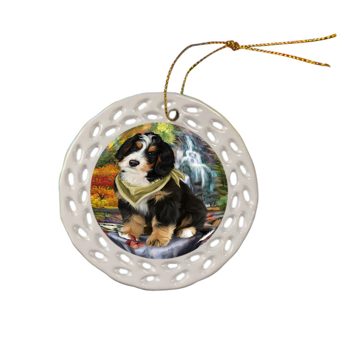 Scenic Waterfall Bernedoodle Dog Ceramic Doily Ornament DPOR49696