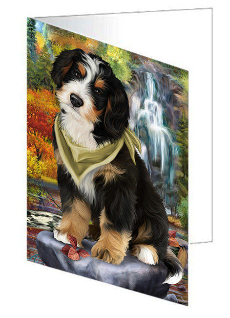 Scenic Waterfall Bernedoodle Dog Handmade Artwork Assorted Pets Greeting Cards and Note Cards with Envelopes for All Occasions and Holiday Seasons GCD53117