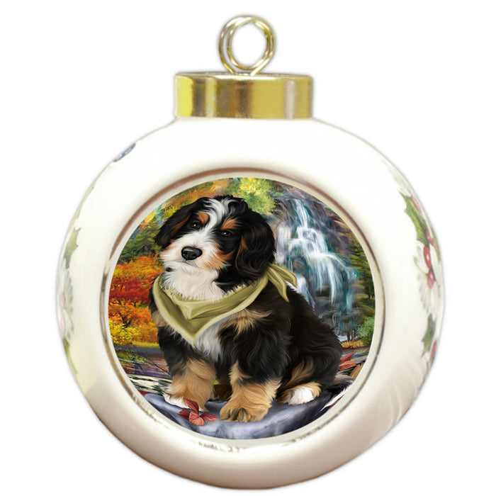 Scenic Waterfall Bernedoodle Dog Round Ball Christmas Ornament RBPOR49696