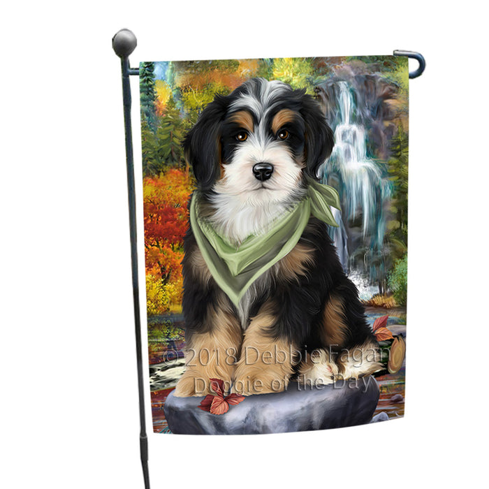 Scenic Waterfall Bernedoodle Dog Garden Flag GFLG49526