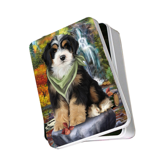 Scenic Waterfall Bernedoodle Dog Photo Storage Tin PITN49697