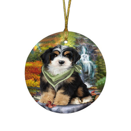 Scenic Waterfall Bernedoodle Dog Round Flat Christmas Ornament RFPOR49688