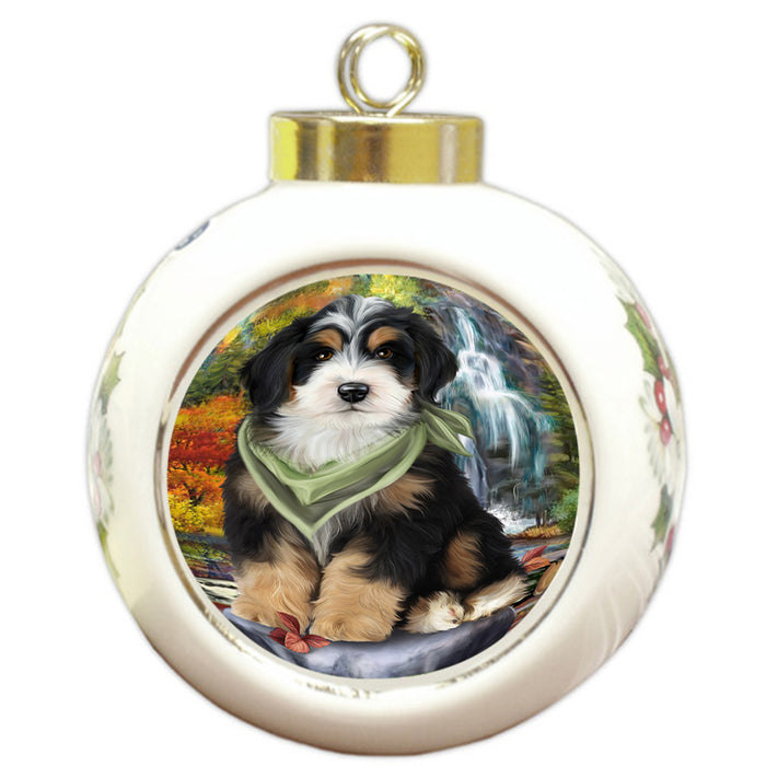 Scenic Waterfall Bernedoodle Dog Round Ball Christmas Ornament RBPOR49697